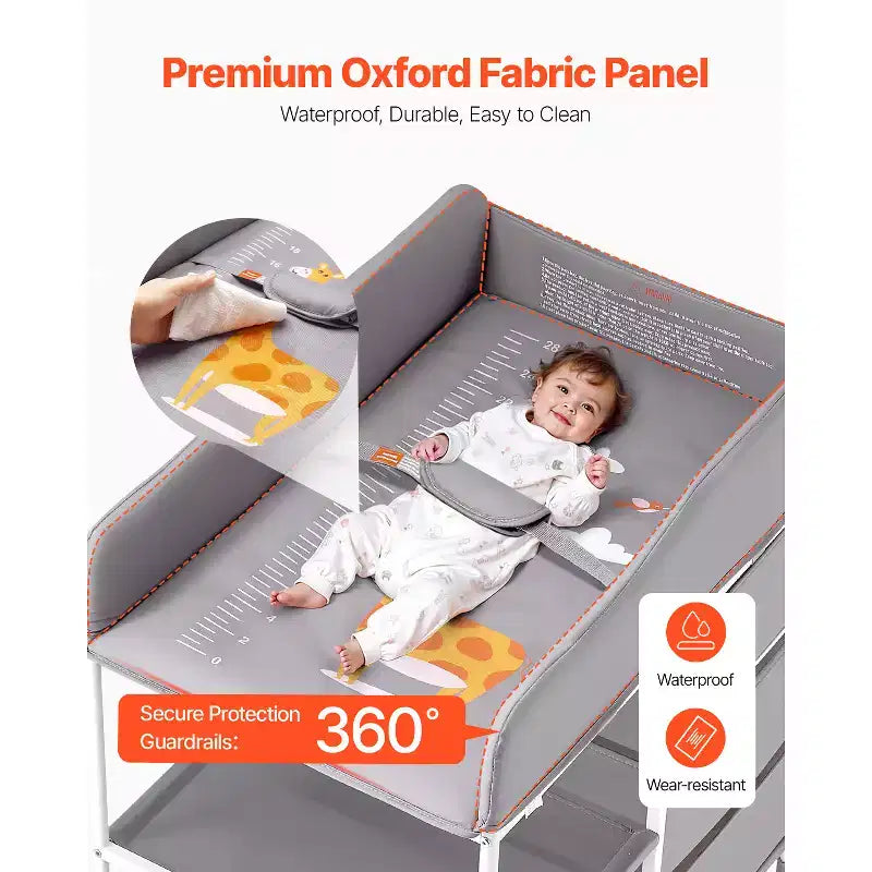Table à langer pour bébé, station de change portable avec 3 tiroirs en tissu et roues verrouillables, hauteur réglable, gris