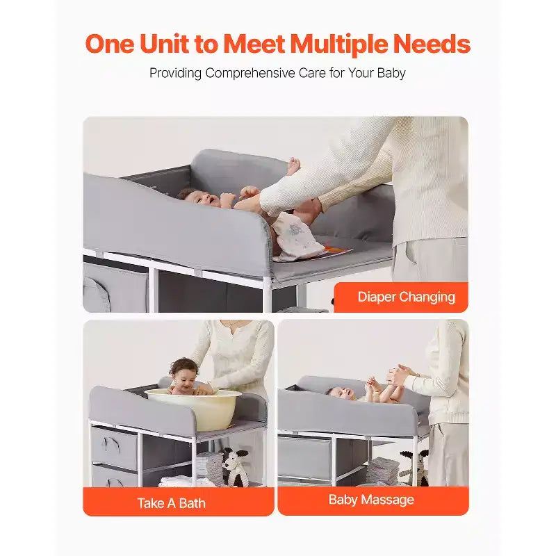 Table à langer pour bébé, station de change portable avec 3 tiroirs en tissu et roues verrouillables, hauteur réglable, gris
