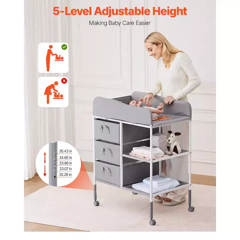 Table à langer pour bébé, station de change portable avec 3 tiroirs en tissu et roues verrouillables, hauteur réglable, gris