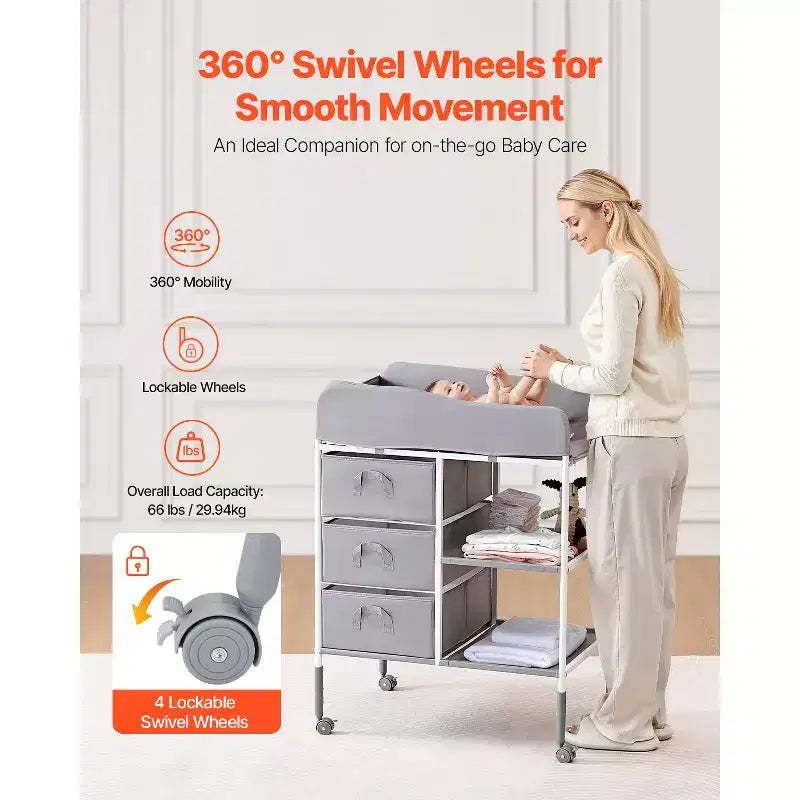 Table à langer pour bébé, station de change portable avec 3 tiroirs en tissu et roues verrouillables, hauteur réglable, gris