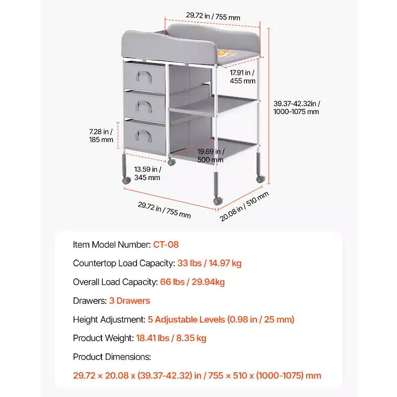 Table à langer pour bébé, station de change portable avec 3 tiroirs en tissu et roues verrouillables, hauteur réglable, gris
