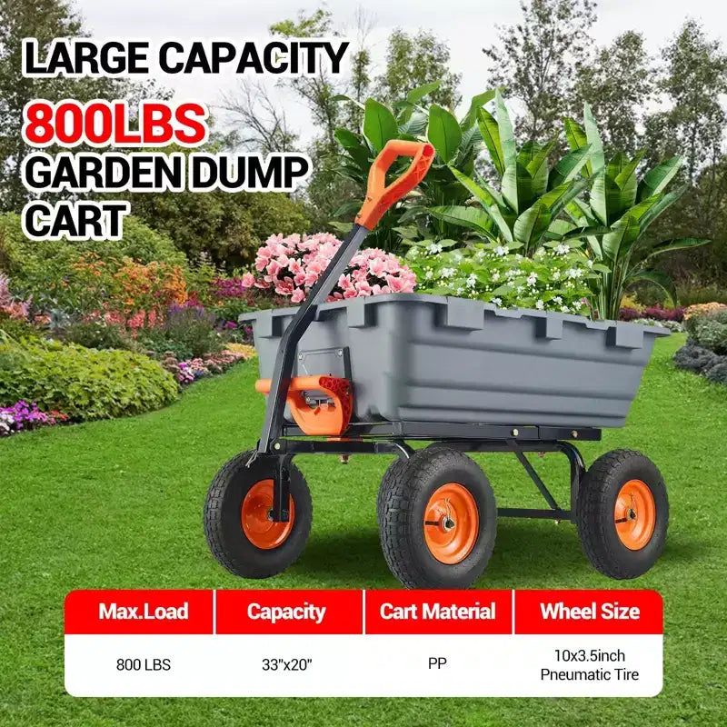 Chariot de jardin robuste – Capacité de 360 kg, brouette à 4 roues avec pneus tout-terrain de 25 cm, poignée rotative à 180° (gris)