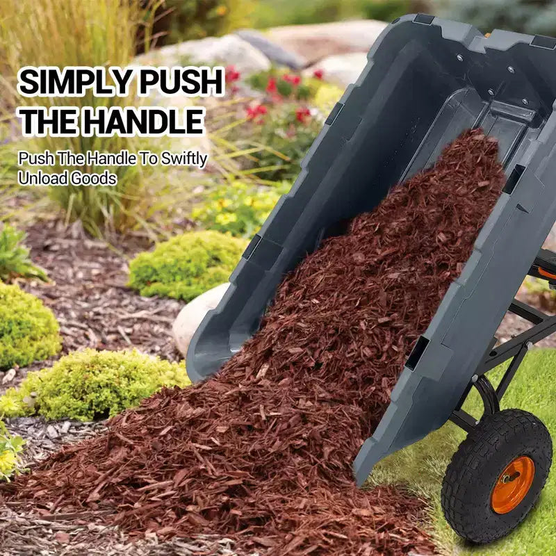 Chariot de jardin robuste – Capacité de 360 kg, brouette à 4 roues avec pneus tout-terrain de 25 cm, poignée rotative à 180° (gris)