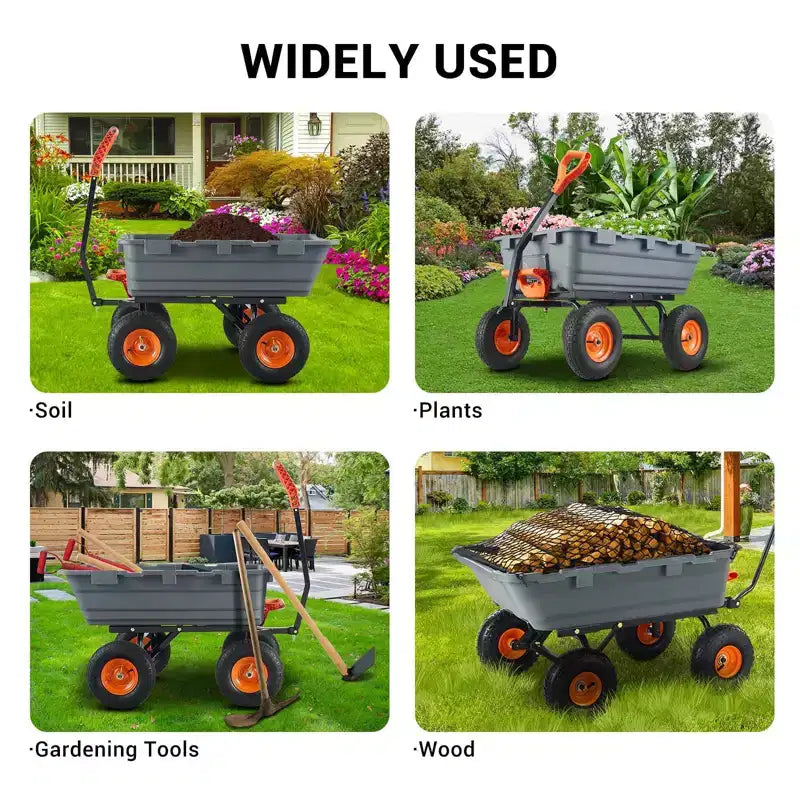 Chariot de jardin robuste – Capacité de 360 kg, brouette à 4 roues avec pneus tout-terrain de 25 cm, poignée rotative à 180° (gris)