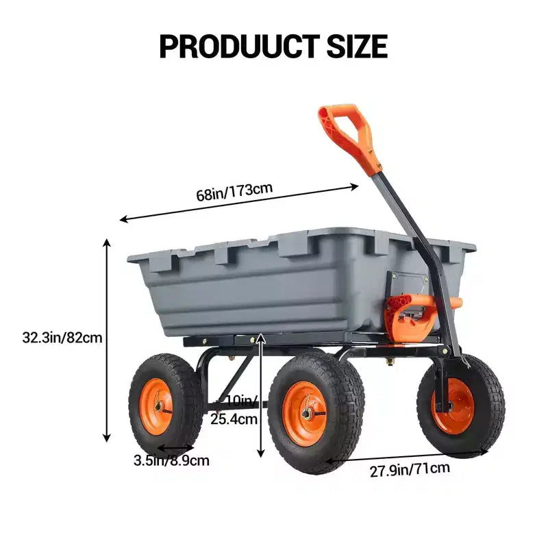 Chariot de jardin robuste – Capacité de 360 kg, brouette à 4 roues avec pneus tout-terrain de 25 cm, poignée rotative à 180° (gris)