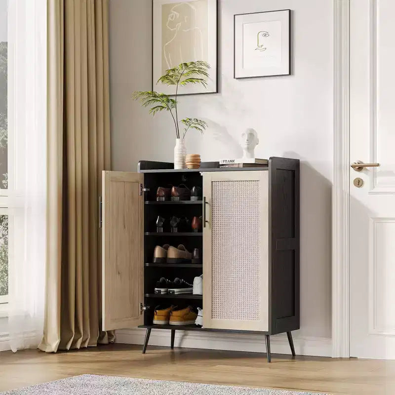 5-Tier Rattan Shoe Cabinet with 2 Doors, Adjustable Shelves, Wooden Shoe Rack for Entryway,