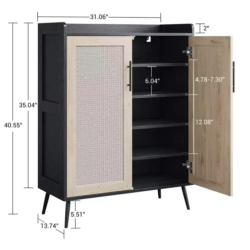 Meuble à chaussures en rotin à 5 niveaux avec 2 portes, étagères réglables, casier à chaussures en bois pour entrée,