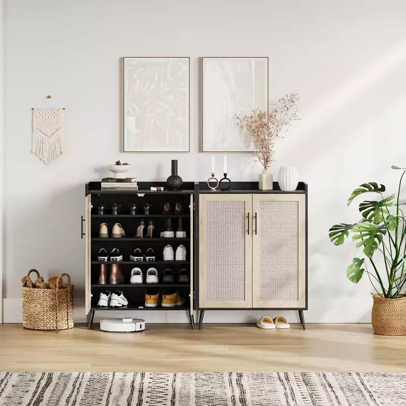 Meuble à chaussures en rotin à 5 niveaux avec 2 portes, étagères réglables, casier à chaussures en bois pour entrée,
