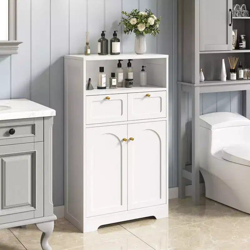 Meuble bas de salle de bain moderne avec étagère ouverte 2 portes 2 tiroirs Meuble de rangement Armoire pour salon cuisine bureau à domicile Blanc