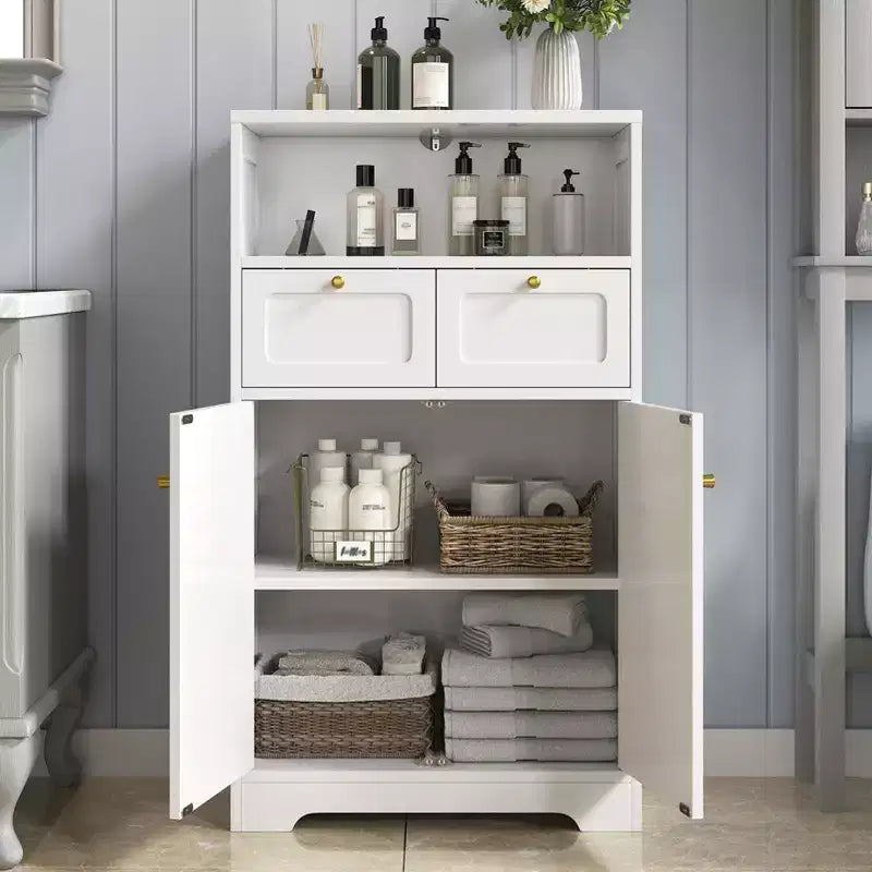 Meuble bas de salle de bain moderne avec étagère ouverte 2 portes 2 tiroirs Meuble de rangement Armoire pour salon cuisine bureau à domicile Blanc