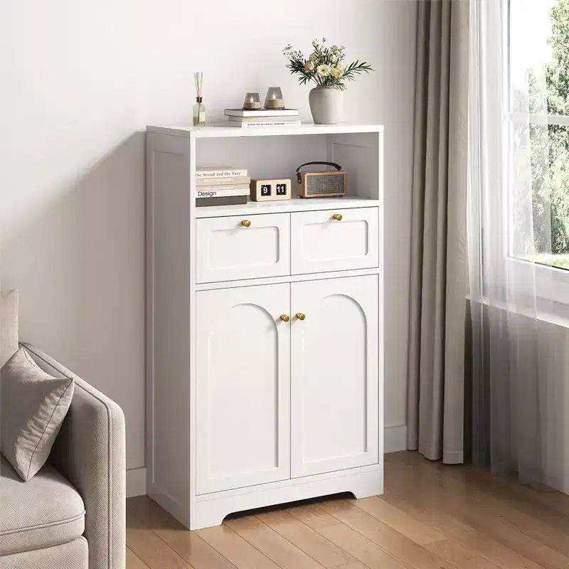 Meuble bas de salle de bain moderne avec étagère ouverte 2 portes 2 tiroirs Meuble de rangement Armoire pour salon cuisine bureau à domicile Blanc