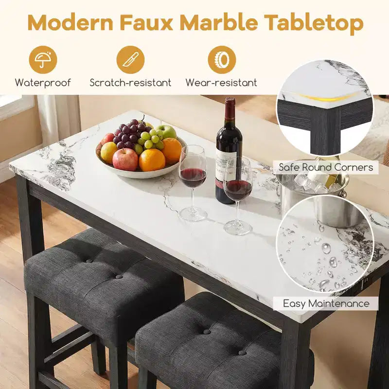 Ensemble table de bar 3 pièces avec station de charge Table de petit-déjeuner moderne hauteur comptoir