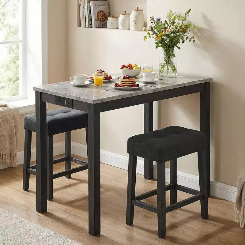 Ensemble table de bar 3 pièces avec station de charge Table de petit-déjeuner moderne hauteur comptoir