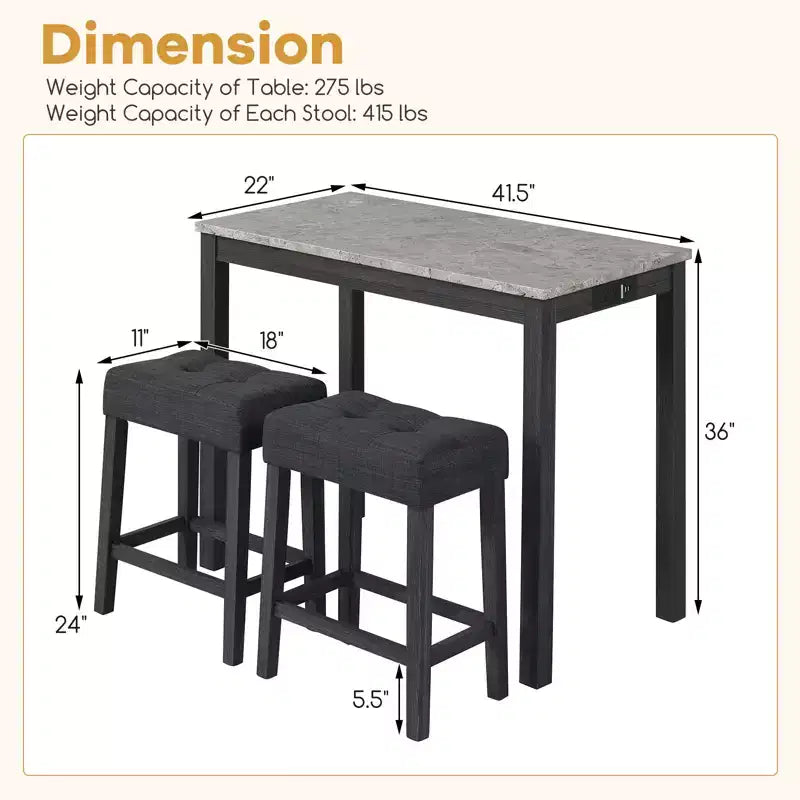 Ensemble table de bar 3 pièces avec station de charge Table de petit-déjeuner moderne hauteur comptoir