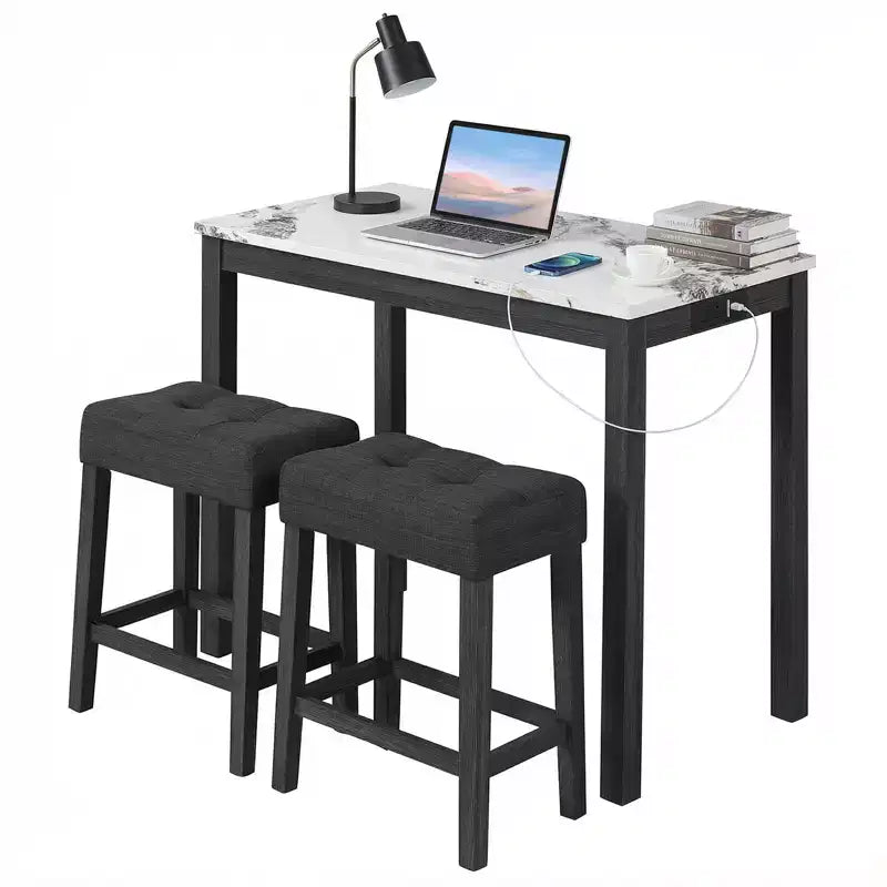 Ensemble table de bar 3 pièces avec station de charge Table de petit-déjeuner moderne hauteur comptoir
