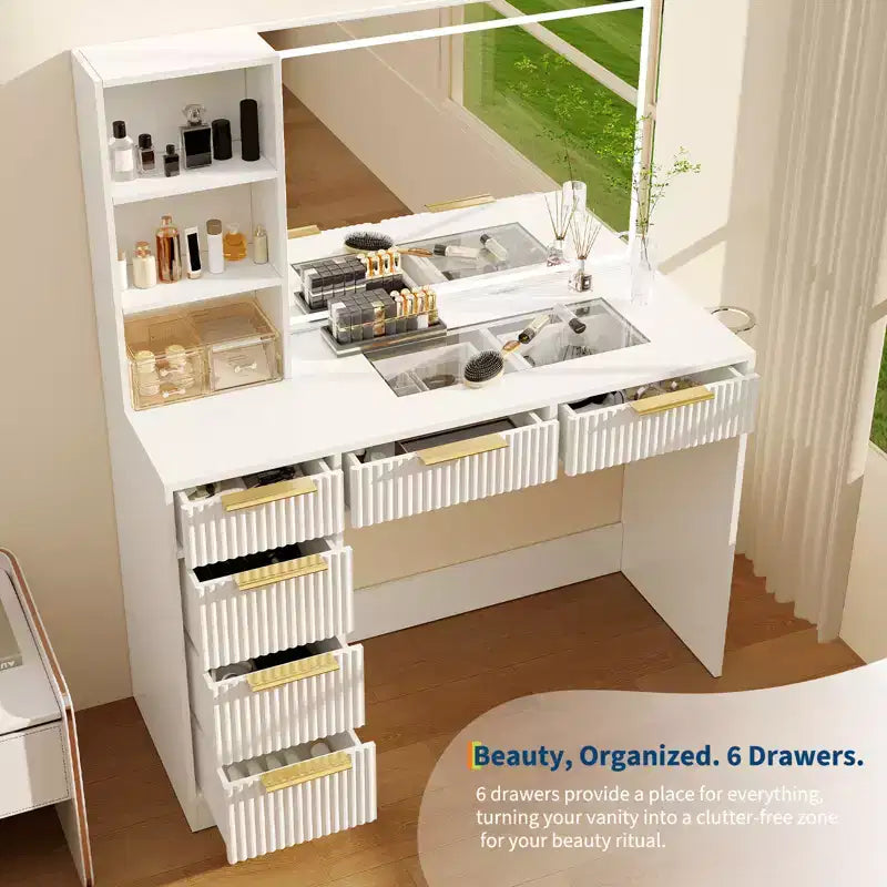 Coiffeuse cannelée avec grand miroir et lumières, grande table de maquillage avec 6 tiroirs et station de charge