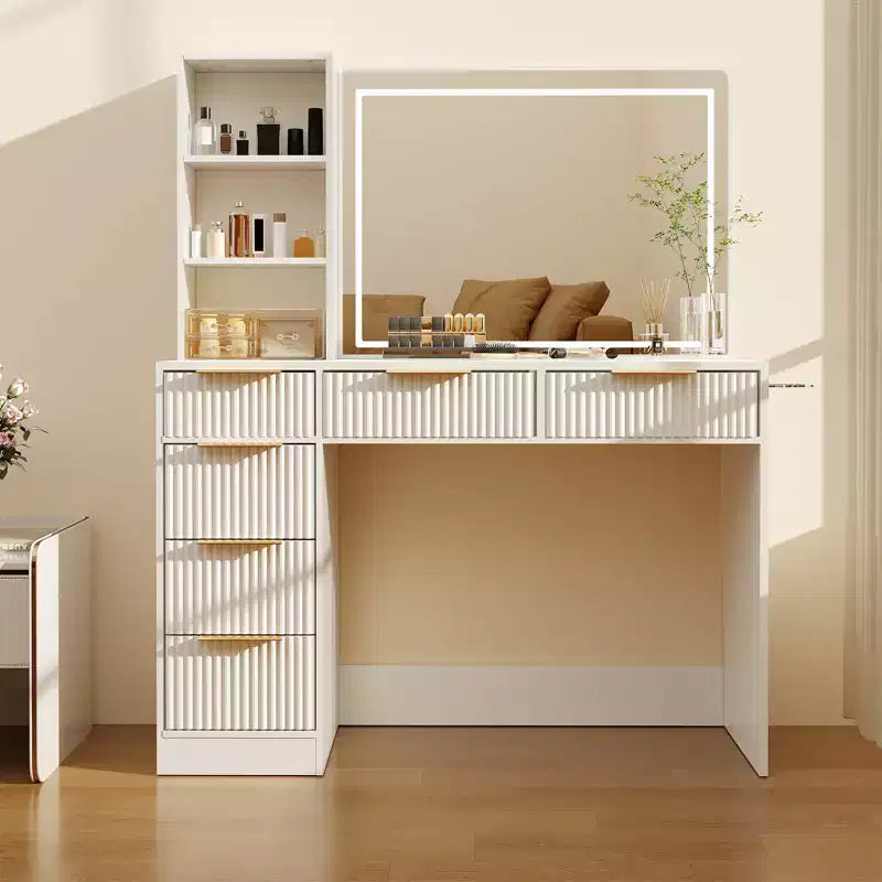 Coiffeuse cannelée avec grand miroir et lumières, grande table de maquillage avec 6 tiroirs et station de charge