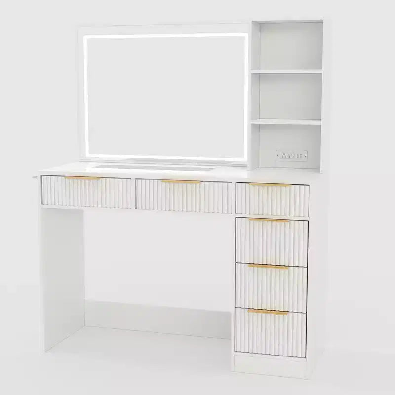 Coiffeuse cannelée avec grand miroir et lumières, grande table de maquillage avec 6 tiroirs et station de charge
