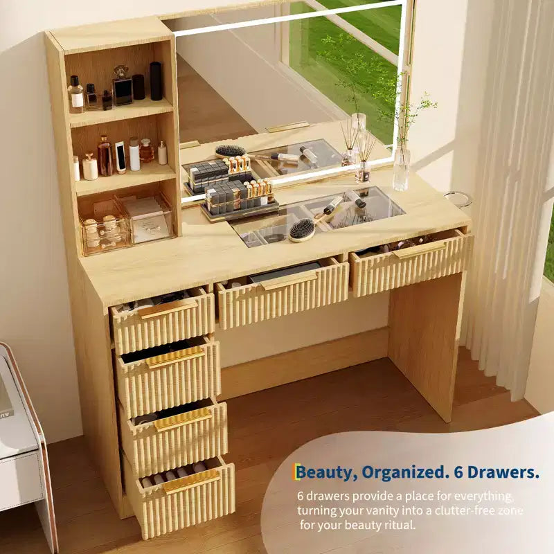 Coiffeuse cannelée avec grand miroir et lumières, grande table de maquillage avec 6 tiroirs et station de charge
