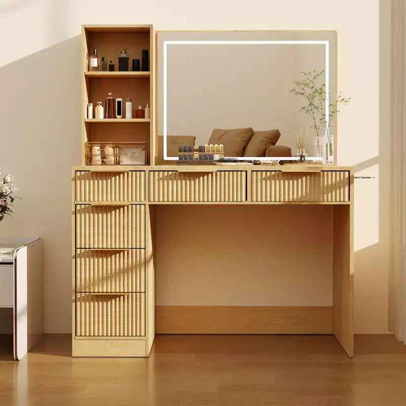 Coiffeuse cannelée avec grand miroir et lumières, grande table de maquillage avec 6 tiroirs et station de charge