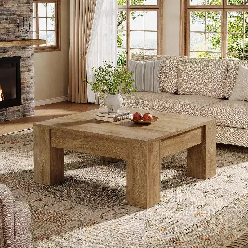 Table basse carrée de 99 cm, tables de salon en bois de style rustique avec pieds robustes, table d'appoint, assemblage facile