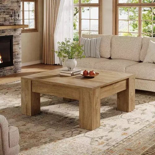 Table basse carrée de 99 cm, tables de salon en bois de style rustique avec pieds robustes, table d'appoint, assemblage facile