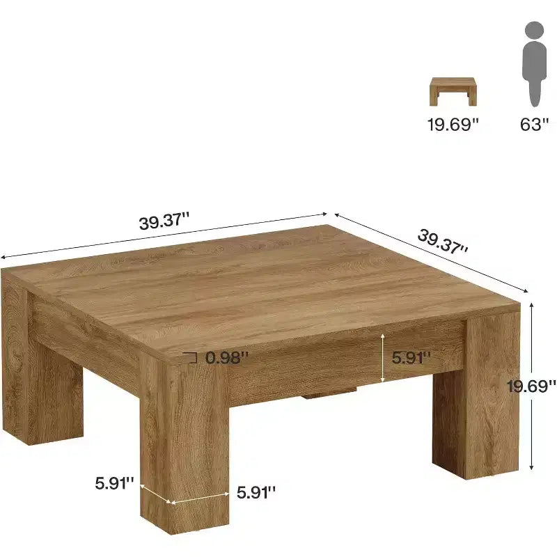 Table basse carrée de 99 cm, tables de salon en bois de style rustique avec pieds robustes, table d'appoint, assemblage facile