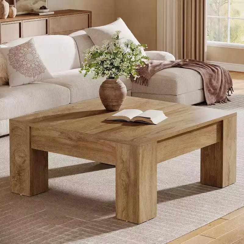 Table basse carrée de 99 cm, tables de salon en bois de style rustique avec pieds robustes, table d'appoint, assemblage facile