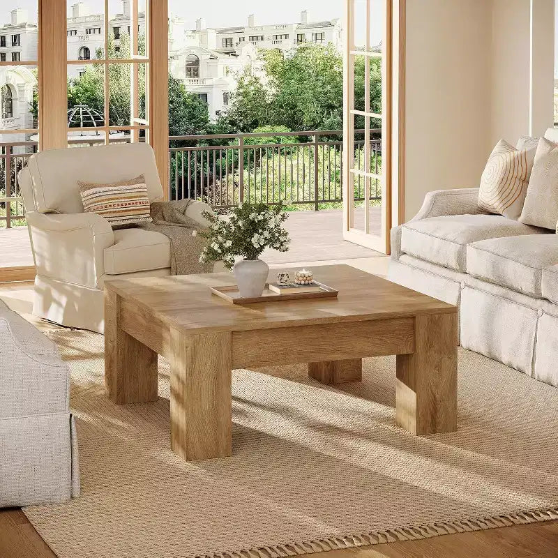Table basse carrée de 99 cm, tables de salon en bois de style rustique avec pieds robustes, table d'appoint, assemblage facile
