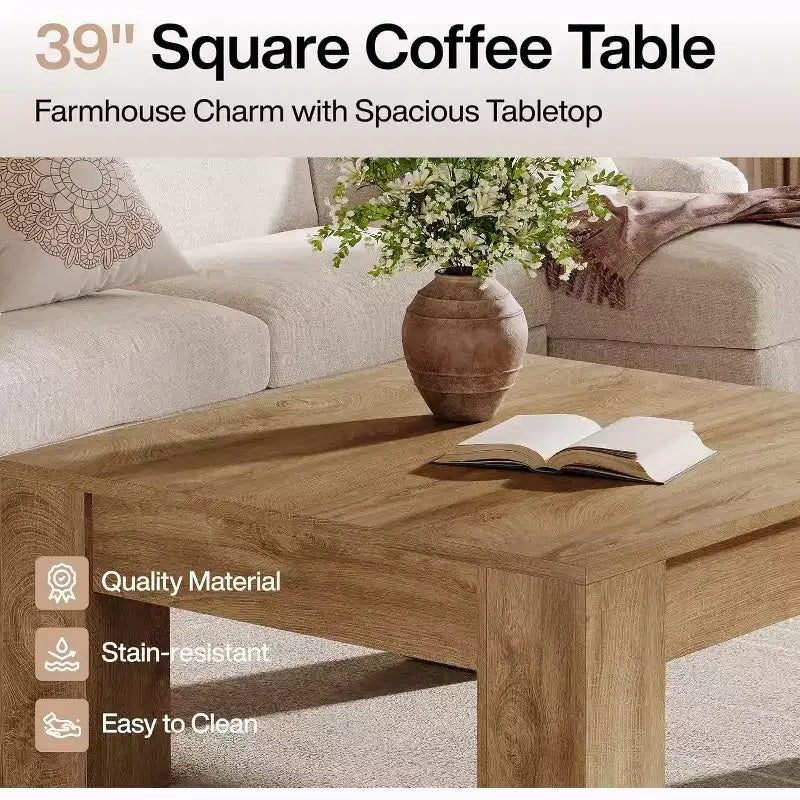 Table basse carrée de 99 cm, tables de salon en bois de style rustique avec pieds robustes, table d'appoint, assemblage facile