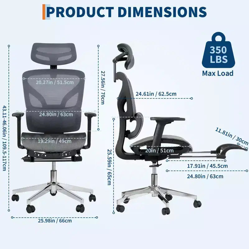 Fauteuil de bureau ergonomique à dossier haut en maille de 3e génération avec repose-pieds, accoudoirs réglables en 4D et support lombaire dynamique pour bureau à domicile