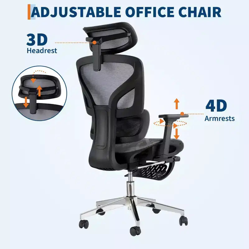 Fauteuil de bureau ergonomique à dossier haut en maille de 3e génération avec repose-pieds, accoudoirs réglables en 4D et support lombaire dynamique pour bureau à domicile
