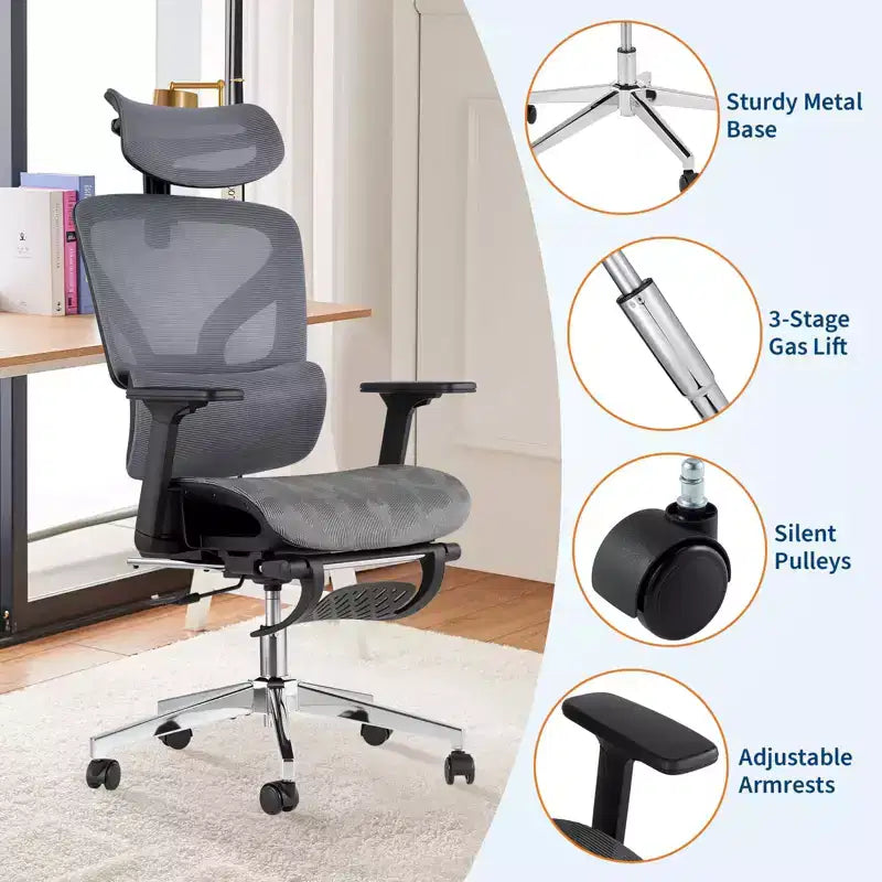 Fauteuil de bureau ergonomique à dossier haut en maille de 3e génération avec repose-pieds, accoudoirs réglables en 4D et support lombaire dynamique pour bureau à domicile