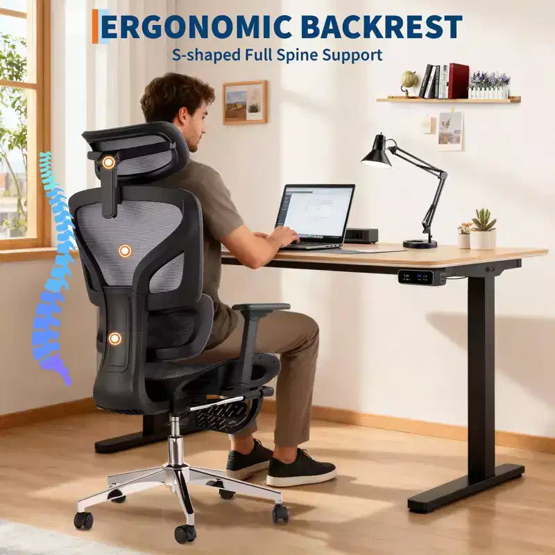 Fauteuil de bureau ergonomique à dossier haut en maille de 3e génération avec repose-pieds, accoudoirs réglables en 4D et support lombaire dynamique pour bureau à domicile