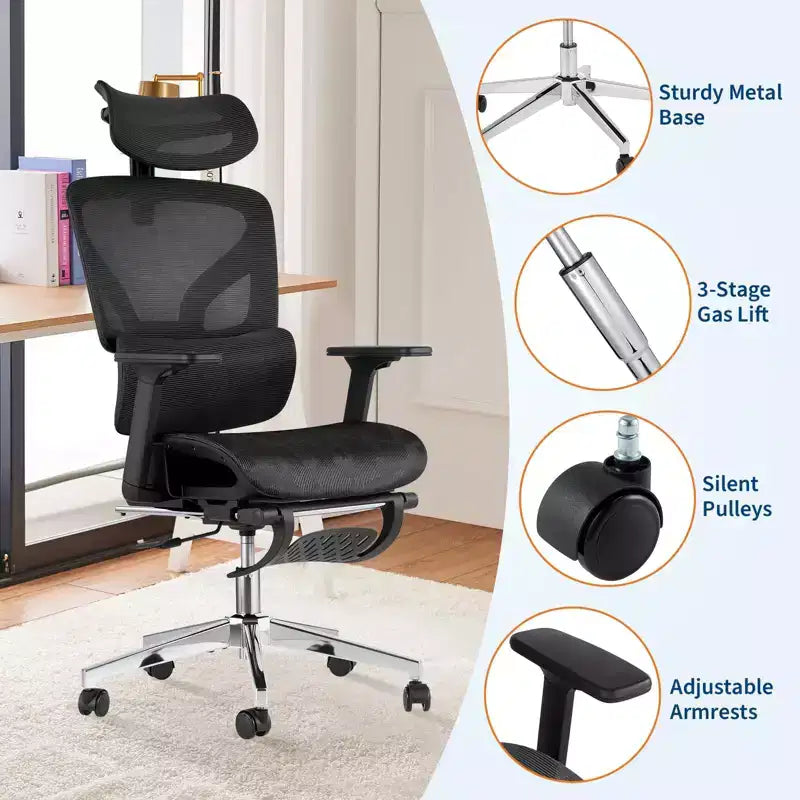 Fauteuil de bureau ergonomique à dossier haut en maille de 3e génération avec repose-pieds, accoudoirs réglables en 4D et support lombaire dynamique pour bureau à domicile