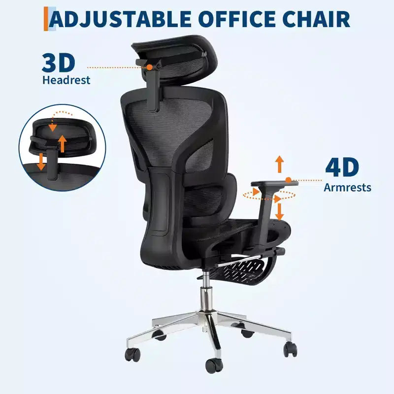 Fauteuil de bureau ergonomique à dossier haut en maille de 3e génération avec repose-pieds, accoudoirs réglables en 4D et support lombaire dynamique pour bureau à domicile