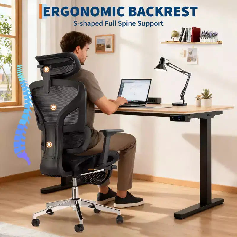 Fauteuil de bureau ergonomique à dossier haut en maille de 3e génération avec repose-pieds, accoudoirs réglables en 4D et support lombaire dynamique pour bureau à domicile