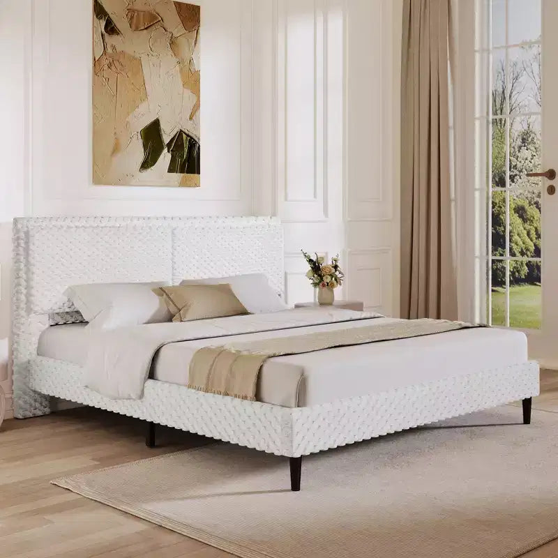 Cadre de lit en peluche blanche avec dossier moelleux à double zone, bords arrondis et support stable et silencieux pour chambres douillettes, Grand lit