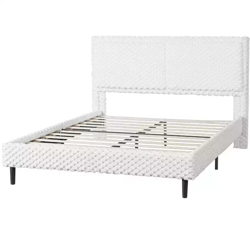 Cadre de lit en peluche blanche avec dossier moelleux à double zone, bords arrondis et support stable et silencieux pour chambres douillettes, Grand lit