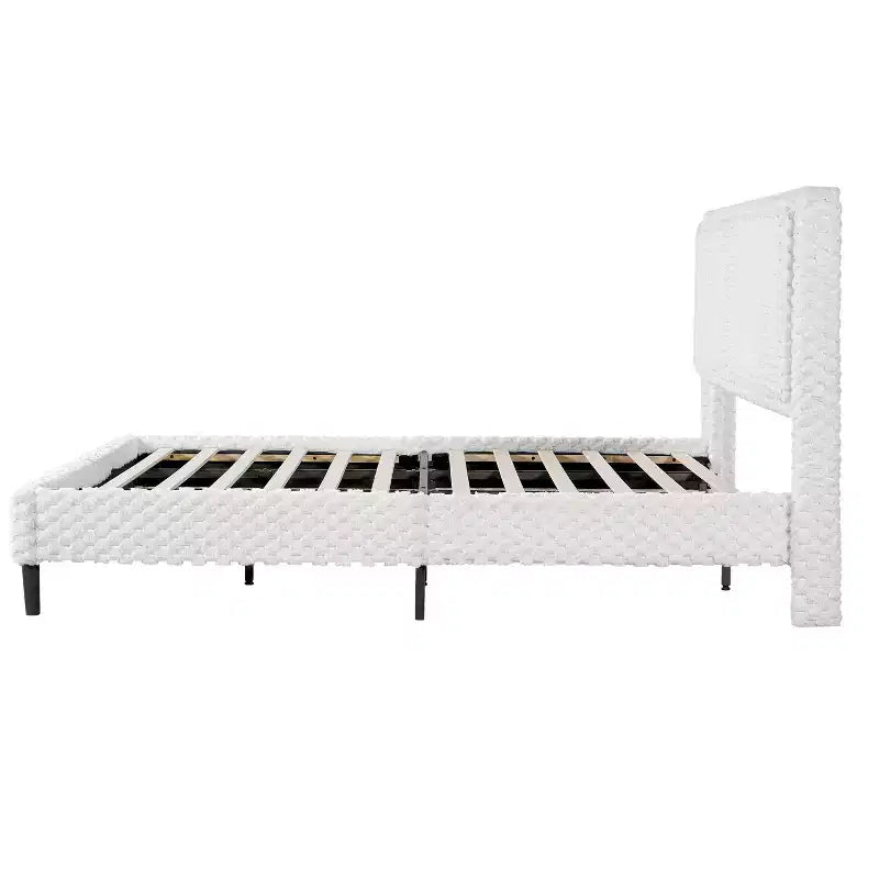 Cadre de lit en peluche blanche avec dossier moelleux à double zone, bords arrondis et support stable et silencieux pour chambres douillettes, Grand lit