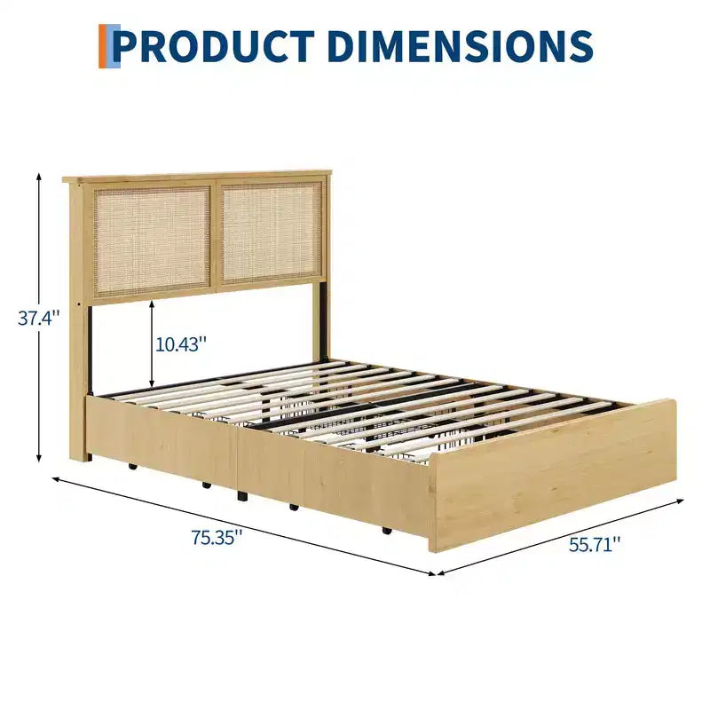 Cadre de lit en rotin avec tête de lit en rotin naturel, cadre de lit avec lumières LED, sommier en bois avec lattes silencieuses