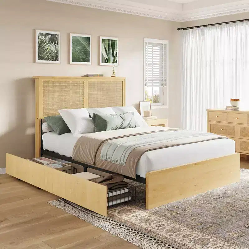 Cadre de lit en rotin avec tête de lit en rotin naturel, cadre de lit avec lumières LED, sommier en bois avec lattes silencieuses