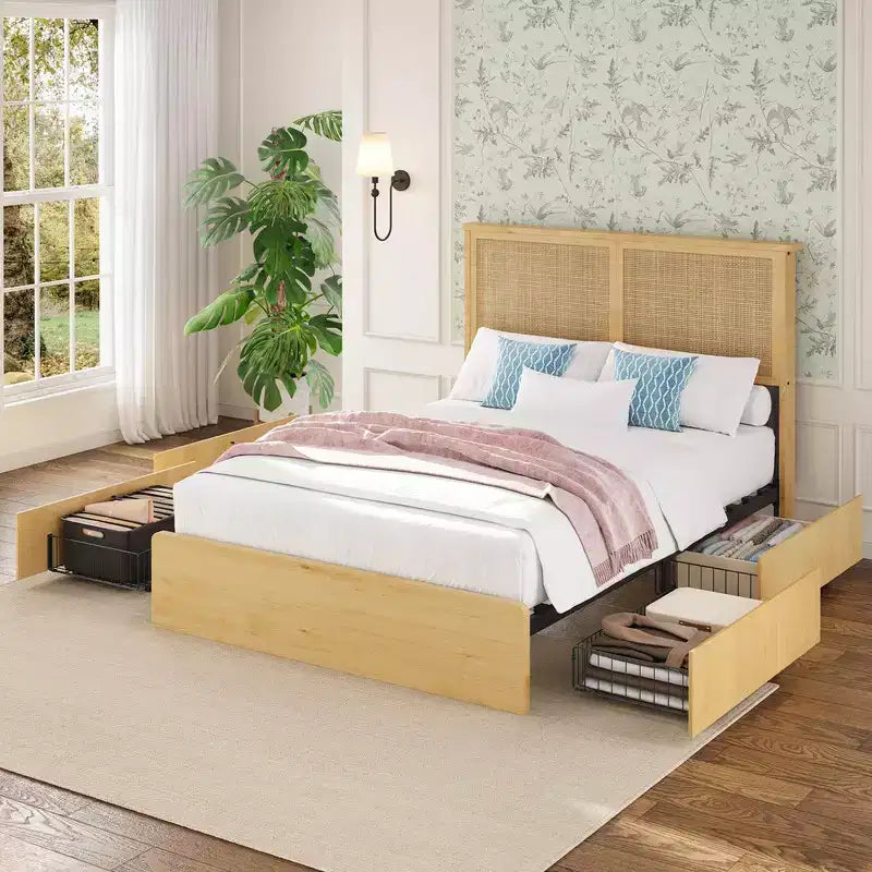 Cadre de lit en rotin avec tête de lit en rotin naturel, cadre de lit avec lumières LED, sommier en bois avec lattes silencieuses