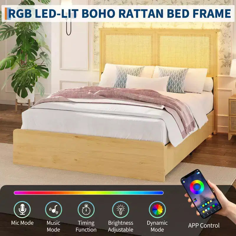 Cadre de lit en rotin avec tête de lit en rotin naturel, cadre de lit avec lumières LED, sommier en bois avec lattes silencieuses