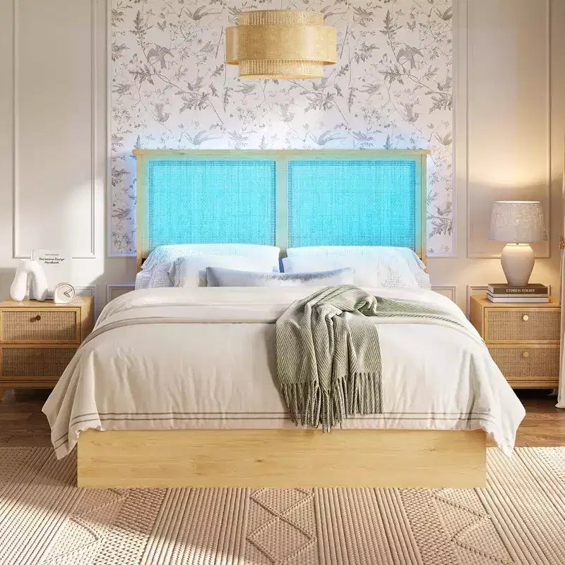 Cadre de lit en rotin avec tête de lit en rotin naturel, cadre de lit avec lumières LED, sommier en bois avec lattes silencieuses