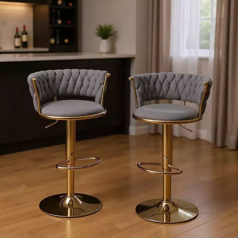 Chaises de bar pivotantes à hauteur réglable en velours gris et doré et métal à dossier bas
