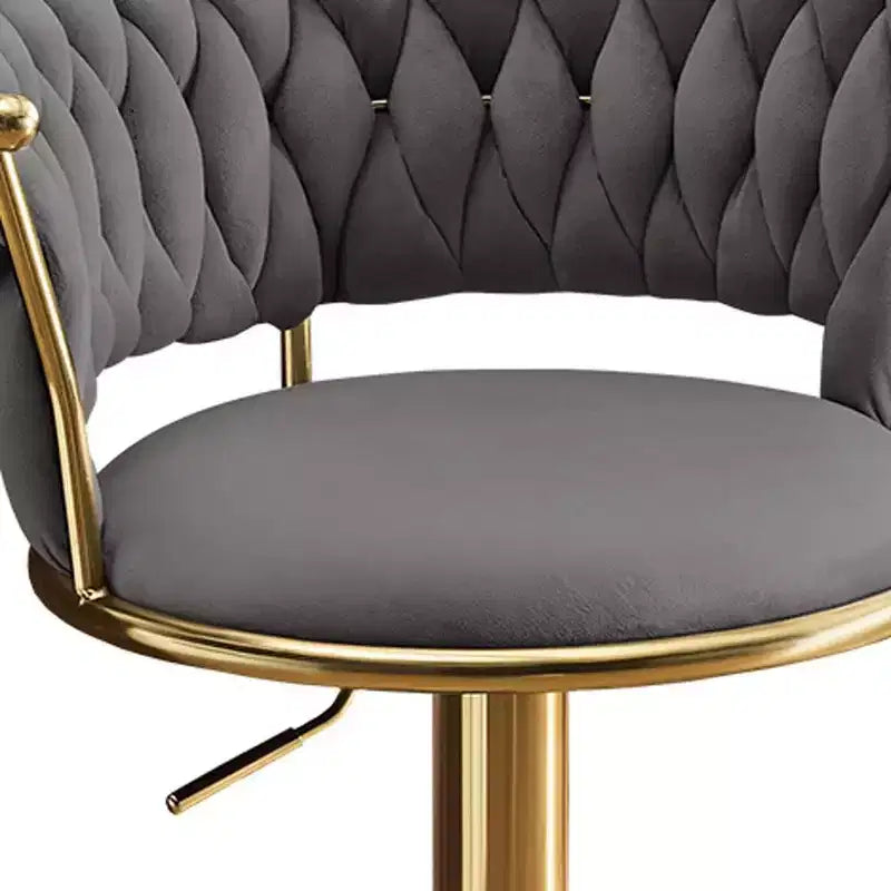 Chaises de bar pivotantes à hauteur réglable en velours gris et doré et métal à dossier bas