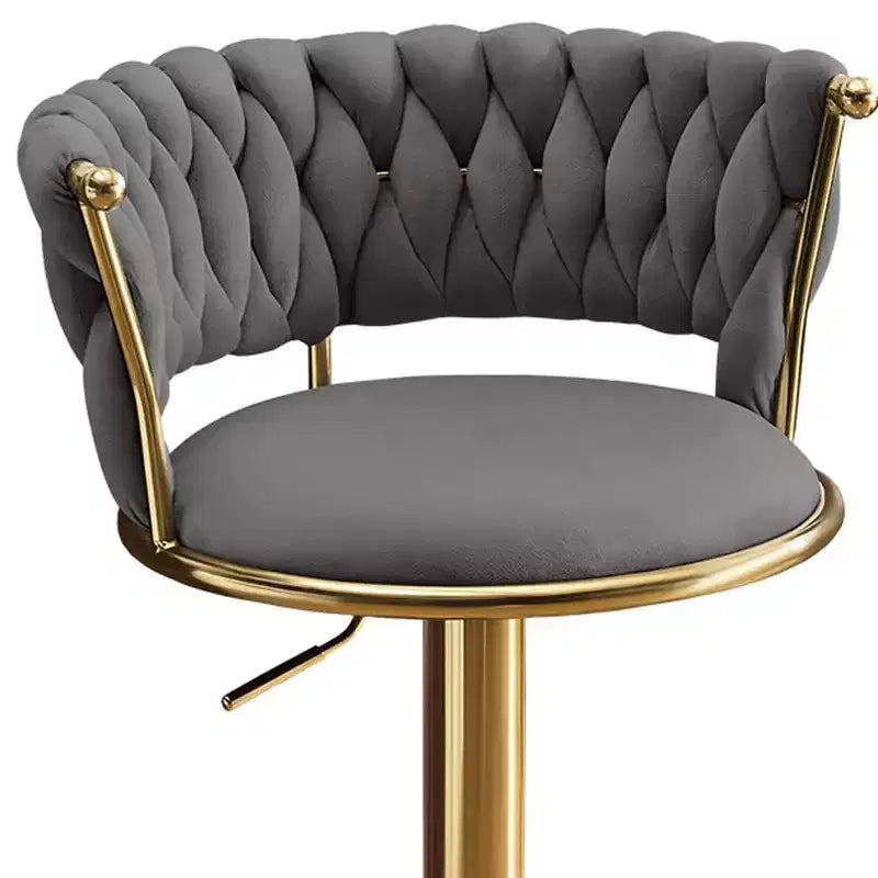 Chaises de bar pivotantes à hauteur réglable en velours gris et doré et métal à dossier bas