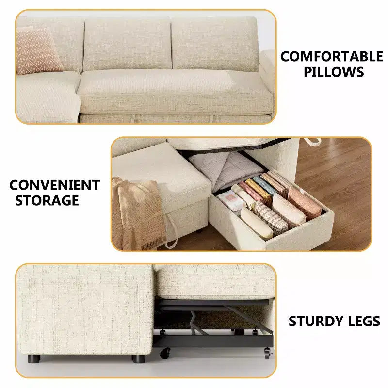Canapé-lit 82", canapé inclinable en forme de L 3-en-1 avec méridienne de rangement réversible, assemblage sans outil