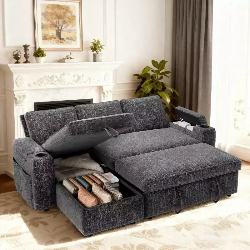 Canapé-lit 82", canapé inclinable en forme de L 3-en-1 avec méridienne de rangement réversible, assemblage sans outil